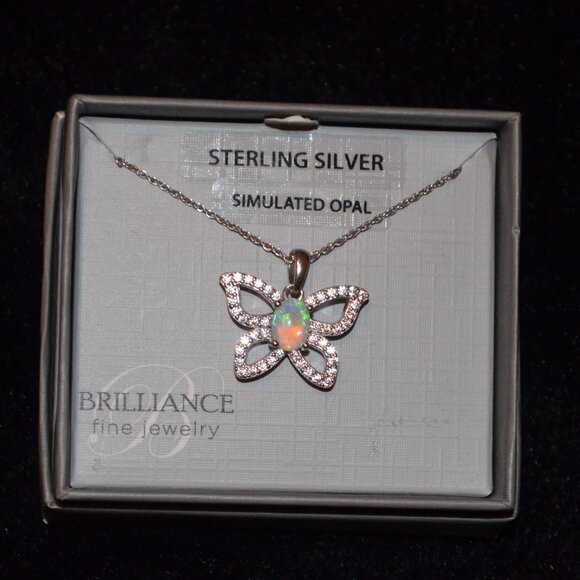 BRILLIANCE Fine Jewelry Sterling Silver Simulated Opal Butterfly Pendant - Picture 1 of 3